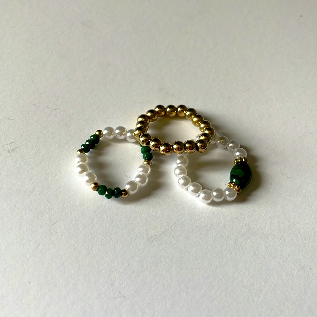 Gold White Green Bead Rings